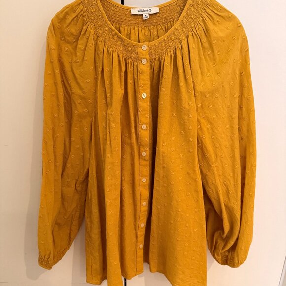 Madewell Yellow Floral Embroidered Smocked-Neck Raglan Balloon Sleeve Women's M - Picture 1 of 15